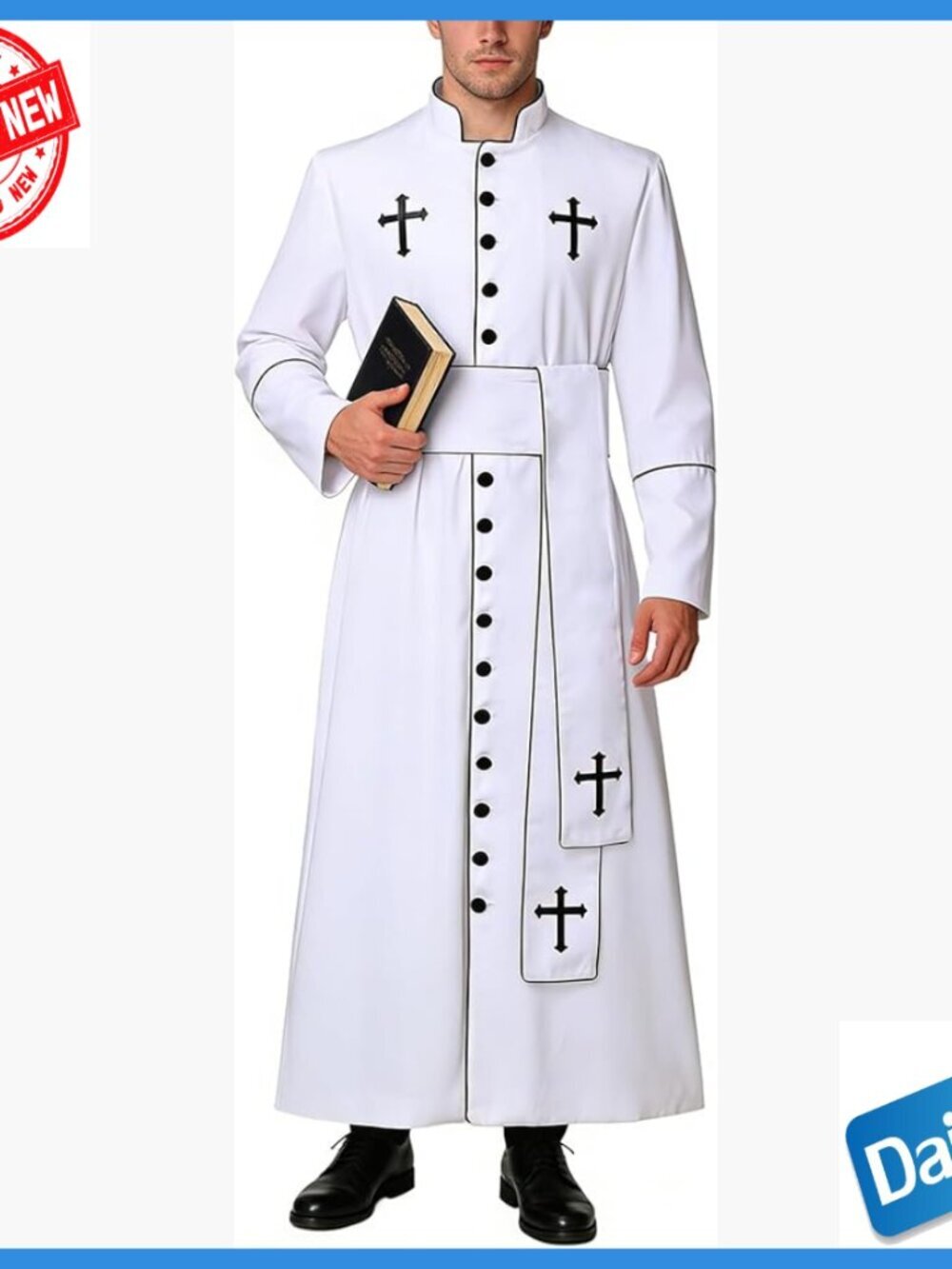 Men's Priest Costume Robe with Stand Collar and Belt, Cotton, X-Large
